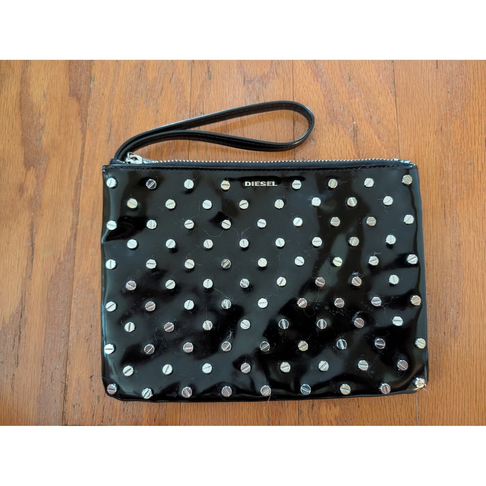 Diesel Black Patent Leather Studded Wristlet Clutch Bag Silver Screw Detail